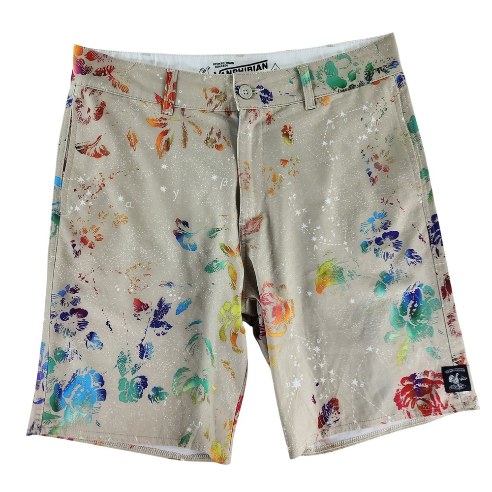 Vans Vanphibian Shorts Mens 34 Tan Floral Constellation Hybrid Board Shorts Surf